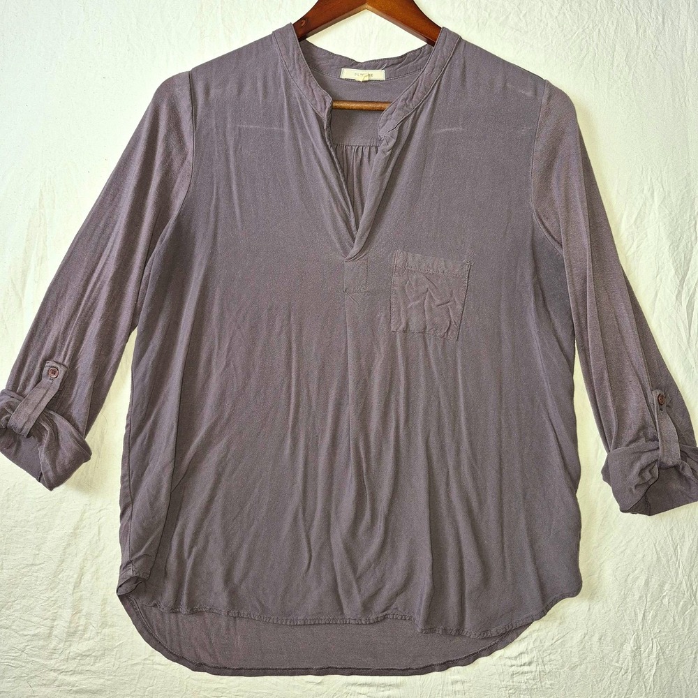 Pleione Gray Solid Woven V-Neck Roll Tab 3/4 Sleeve Blouse Women's M